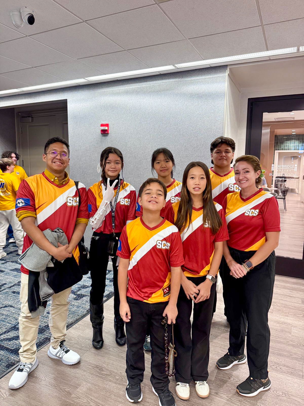 The CNMI team members — Saipan Community School students Elijah Pangelinan, Vivian Chung, Jesus Villagomez, Jina Chun and Iyani L. Muna — with SCS Principal Amanda June Allen Dunn and chaperone Raniel Santos.