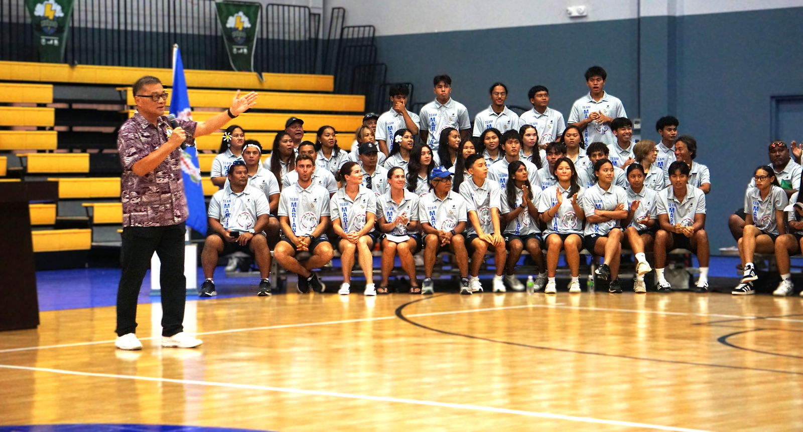Northern Marianas Sports Association President Jerry Tan delivers his remarks during the send-off ceremony hosted by NMSA at the Ada gym on Monday evening.