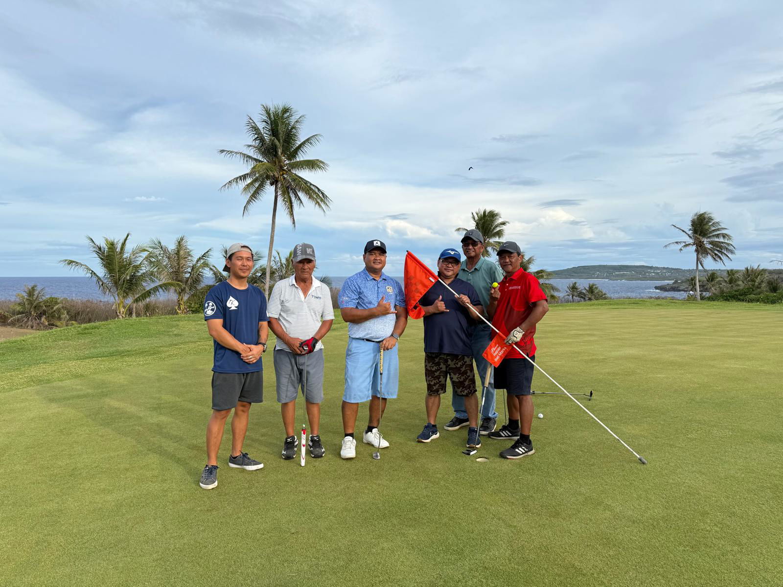 Despite rainy weather on May 25, the Pin Seekers Golf Association held their May Ace Tournament at their home course, Kingfisher Golf Links. Eddie Terlaje, fourth from left, took first place with a net score of 71, earning a trophy, a golf certificate, and a cash prize. Two nearest-to-the-pin challenges were held on holes 6 and 8, with winning shots by Manny Tenorio, second from left, and Alfred Aldan, third from left. Both received cash prizes for their precision. The group’s next Ace tournament is scheduled for June 29, at Kingfisher Golf Links, with an 8:30 a.m. tee time.
