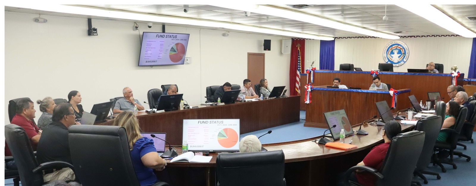Saipan Mayor Ramon Blas "RB" Camacho, left, listens during a House Ways and Means Committee's budget hearing on Wednesday in the House chamber.Legislative Bureau photo