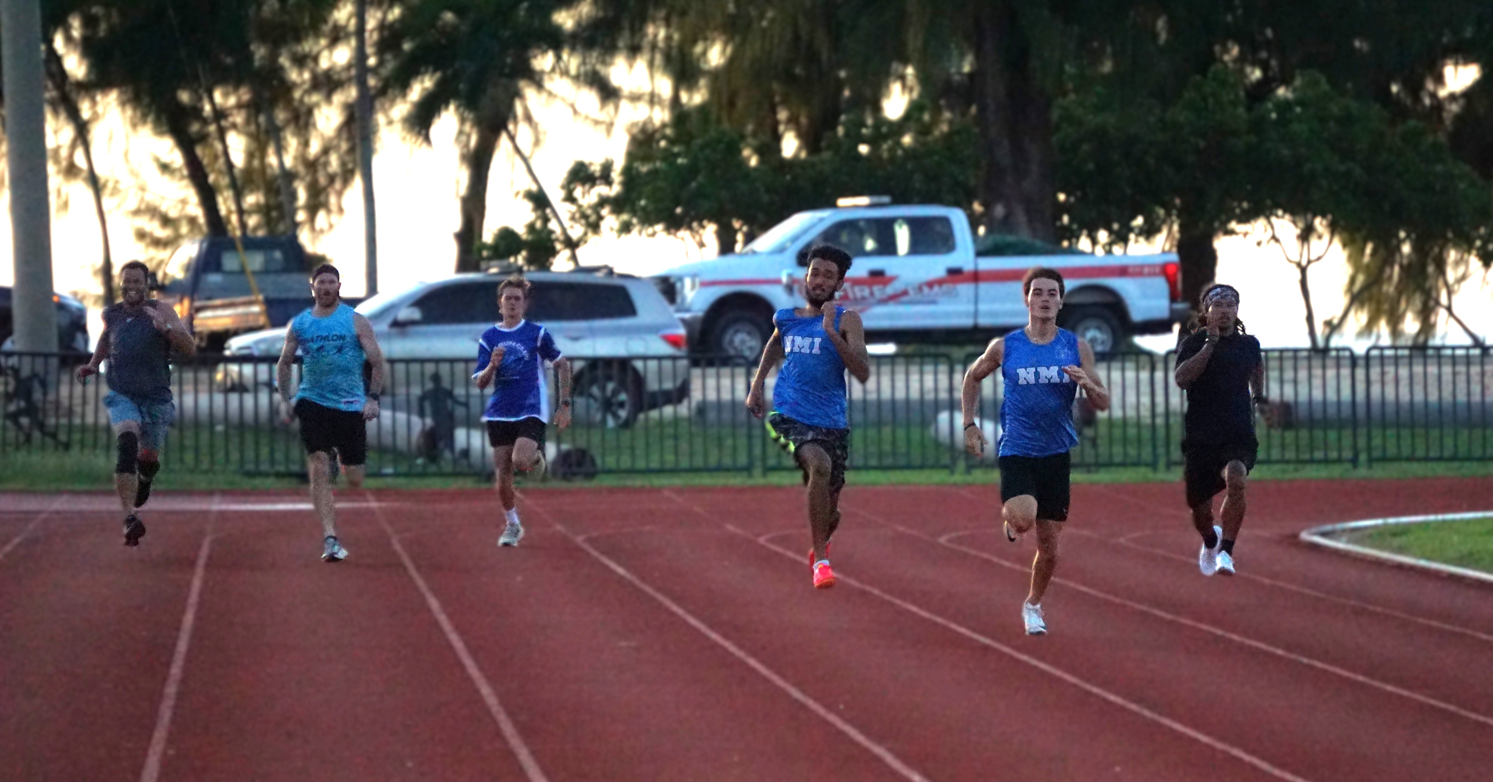 Theodore Rodgers leads the 200m race on Day 2 of the Northern Marianas Athletics Masters Athletics Championships at the Oleai Sports Complex on Friday.Photo by James F. Sablan Jr.