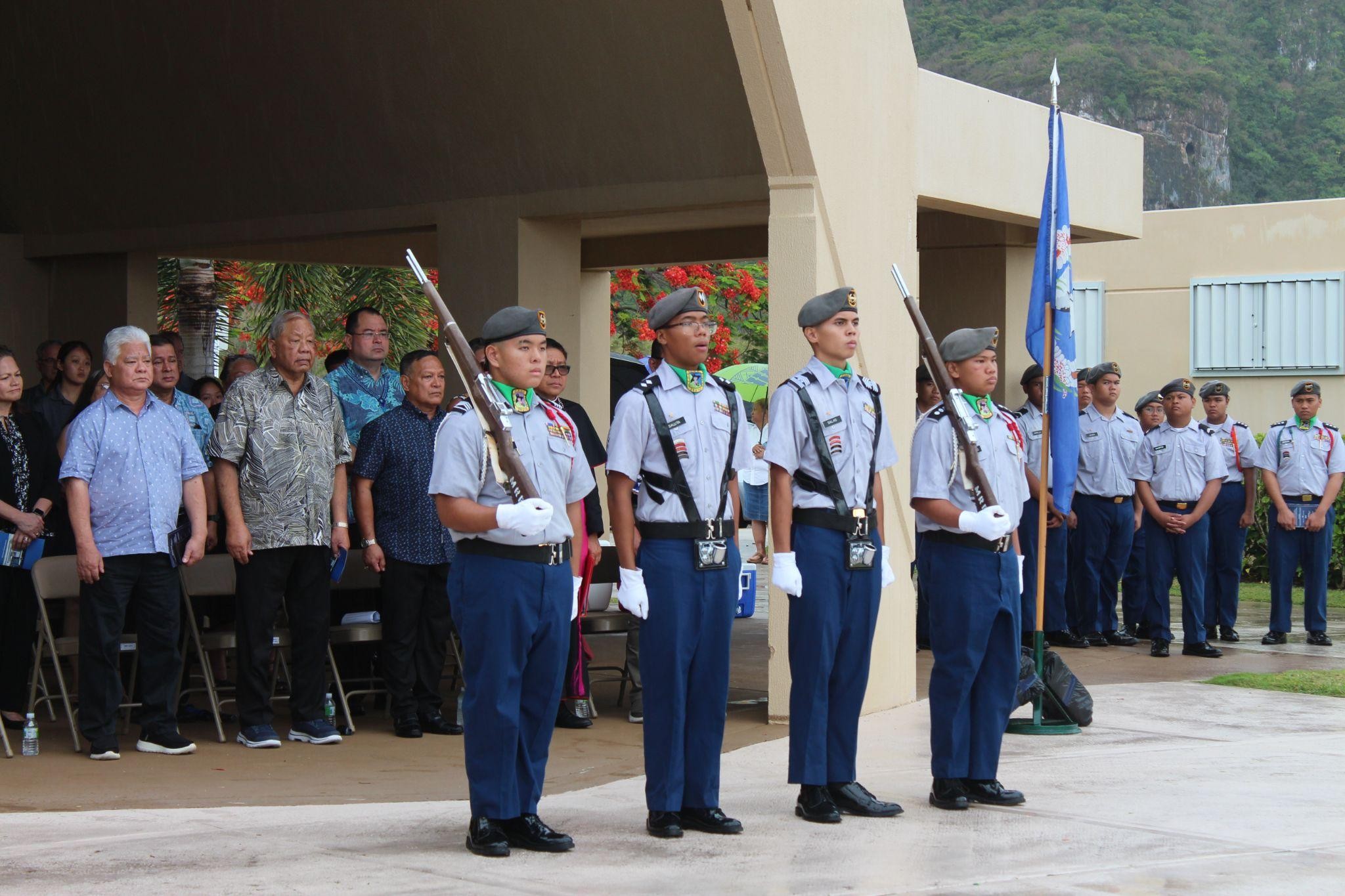 The Manta Ray Battalion Color Guard team was commanded by C/LTC Jolash Saluta who held the U.S flag. With him were C/CSM Mathew Salas, who held the CNMI flag; the left guard, C/CPT Jonah Socorro; and the right guard, C/SSG Christian Tenorio.