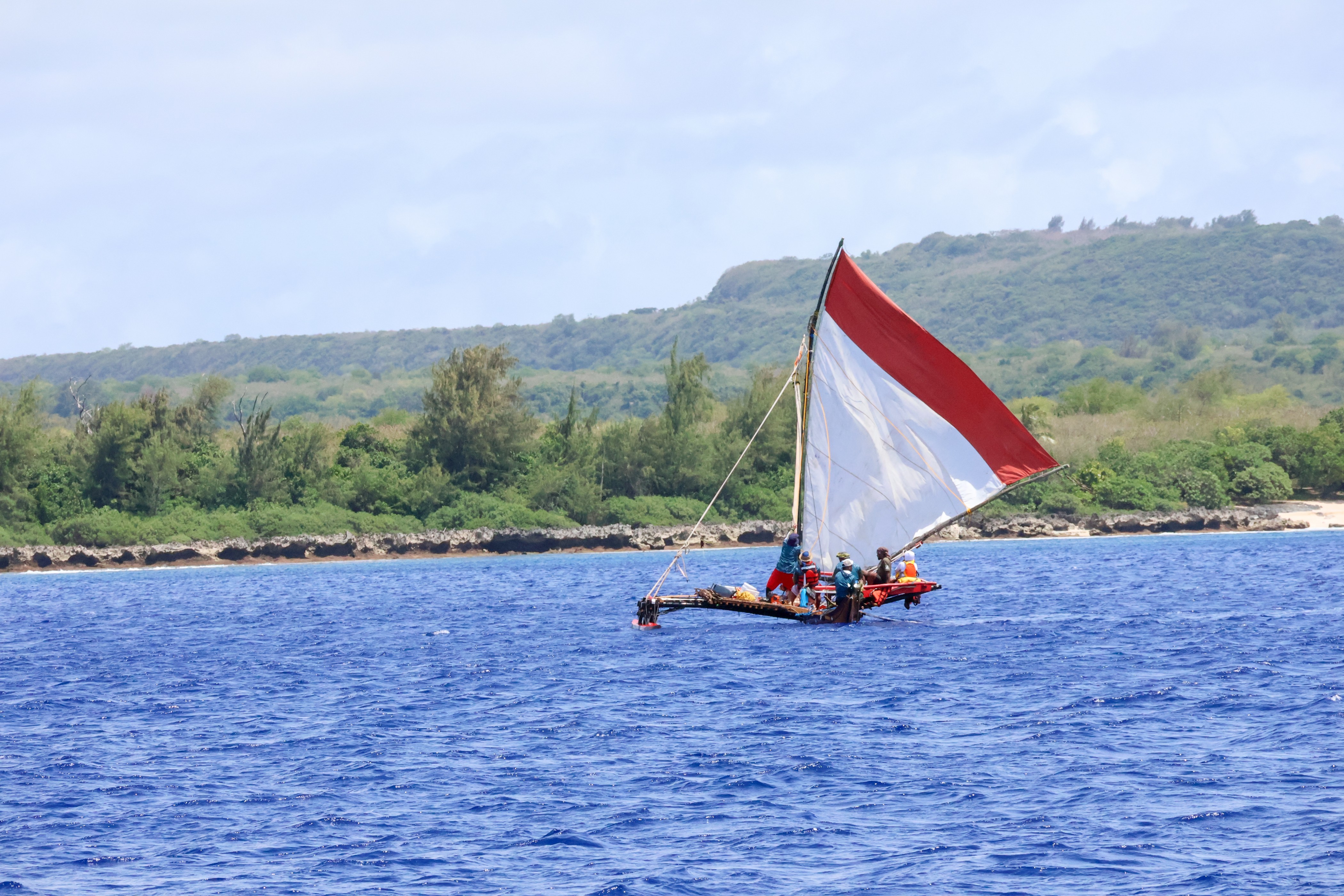 Navigators sail from Guam to Saipan in April 2025 as part of the Voyaging for Peace: Ta’hita Marianas event, sponsored by the University of Guam Island Wisdom Council.Photo courtesy of Annie Fay Camacho