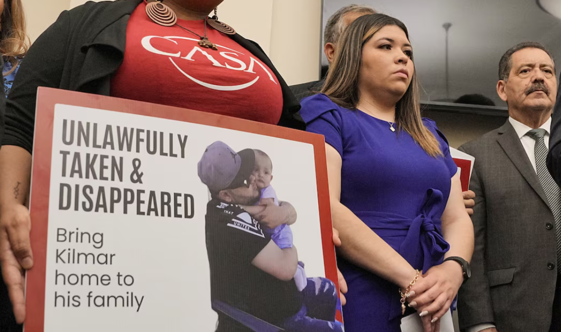 Jennifer Vasquez Sura, wife of Kilmar Abrego Garcia, a Salvadoran migrant who lived in the U.S. legally with a work permit and was erroneously deported to El Salvador, looks on during a press conference with other family members, supporters and members of the Congressional Hispanic Caucus, in Washington, D.C., April 9, 2025.REUTERS