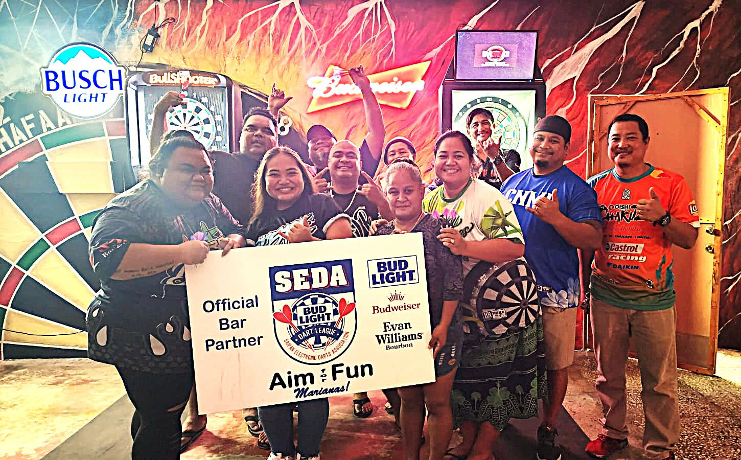 True North Prime Jitsu and XXX Shot Shooters pose for a group photo after completing their match in the C Chichirika Division of the 2025 SEDA Bud Light Dart League at True North Bar.Contributed photo