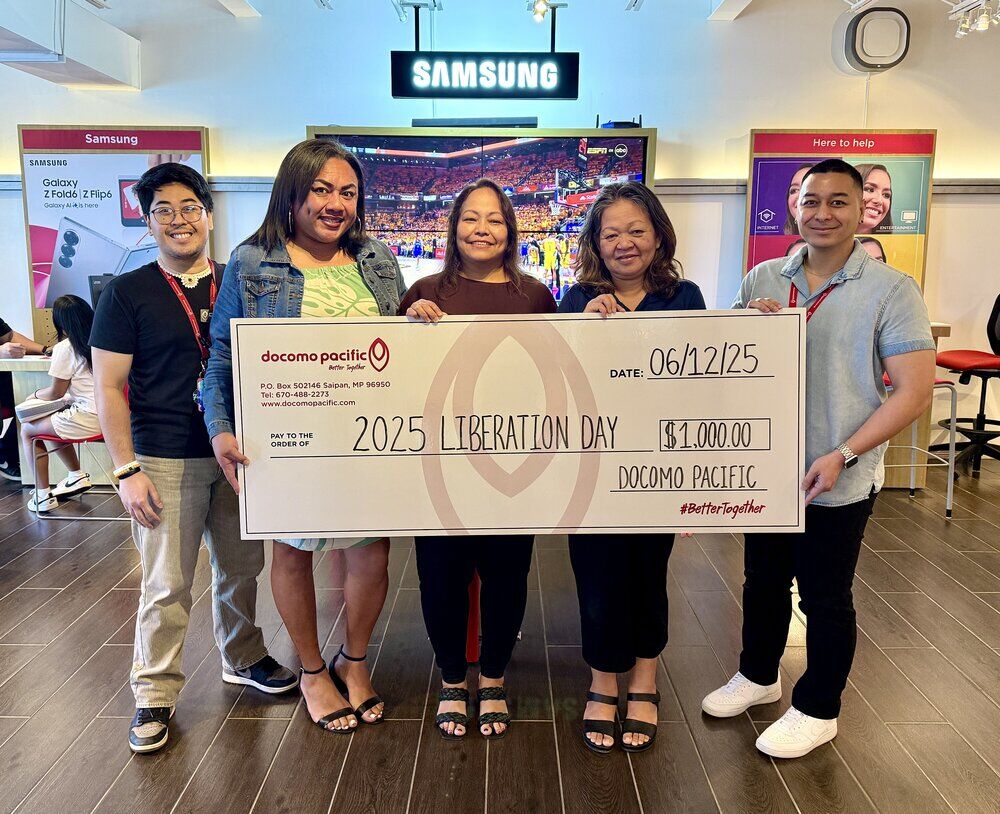 In photo, from left: Francis Fidelino, CSR Lead, Docomo Pacific; Michi Viches, member, Liberation Day Committee; Frances Santos, chairwoman, Liberation Day Committee; Jeanette Sarabia, member, Liberation Day Committee; and Brent Deleon Guerrero, CNMI brand manager, Docomo Pacific.Docomo Pacific photo