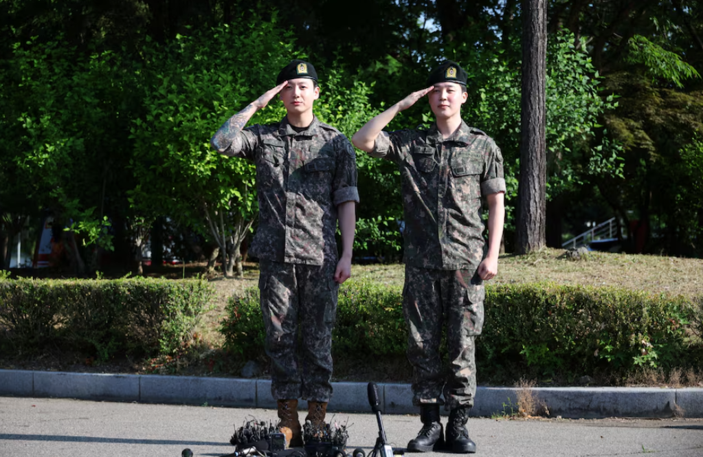 BTS members Jungkook and Jimin pose for photographs during an event after being discharged from South Korea’s mandatory military service, in Yeoncheon, South Korea, June 11, 2025.REUTERS