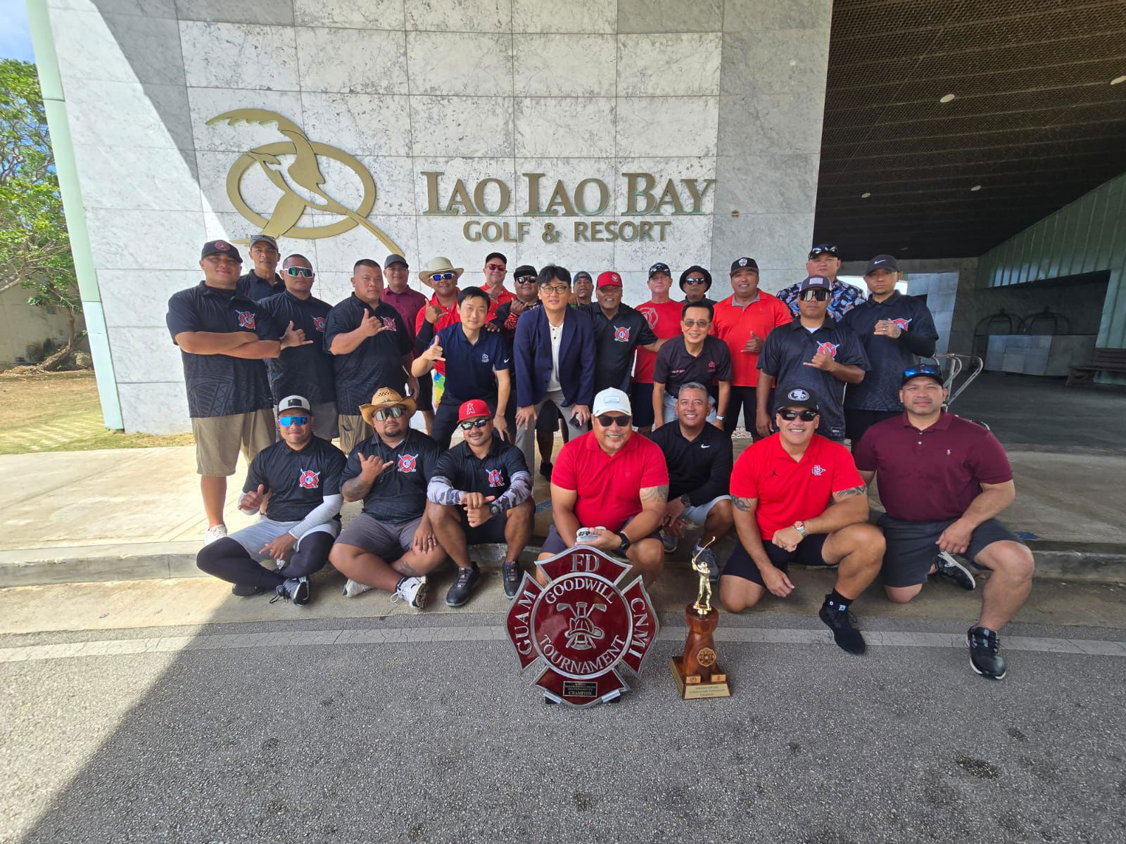 The firefighters of CNMI and Guam, pose for a group photo with LaoLao Bay Golf & Resort management during the 2nd Annual Marianas Fire/EMS Goodwill Golf Tournament held over the weekend.Contributed photo