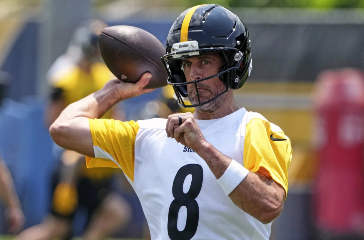 Pittsburgh Steelers quarterback Aaron Rodgers throws during practice at NFL football minicamp, Tuesday, June 10, 2025 in Pittsburgh.AP 