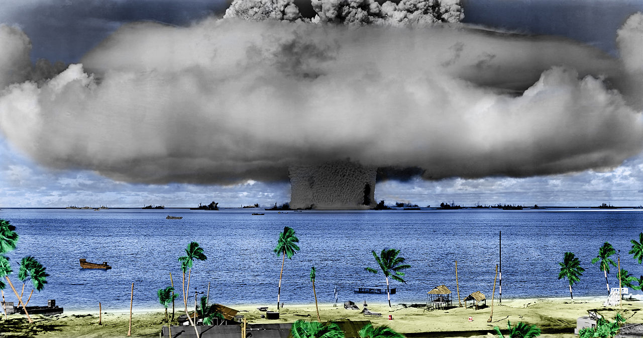 The Baker underwater test, one of two Hiroshima-size atomic bombs tested at Bikini Atoll as part of Operation Crossroads in 1946. Many Japanese and American navy vessels, visible under the mushroom cloud, were sunk by Baker.