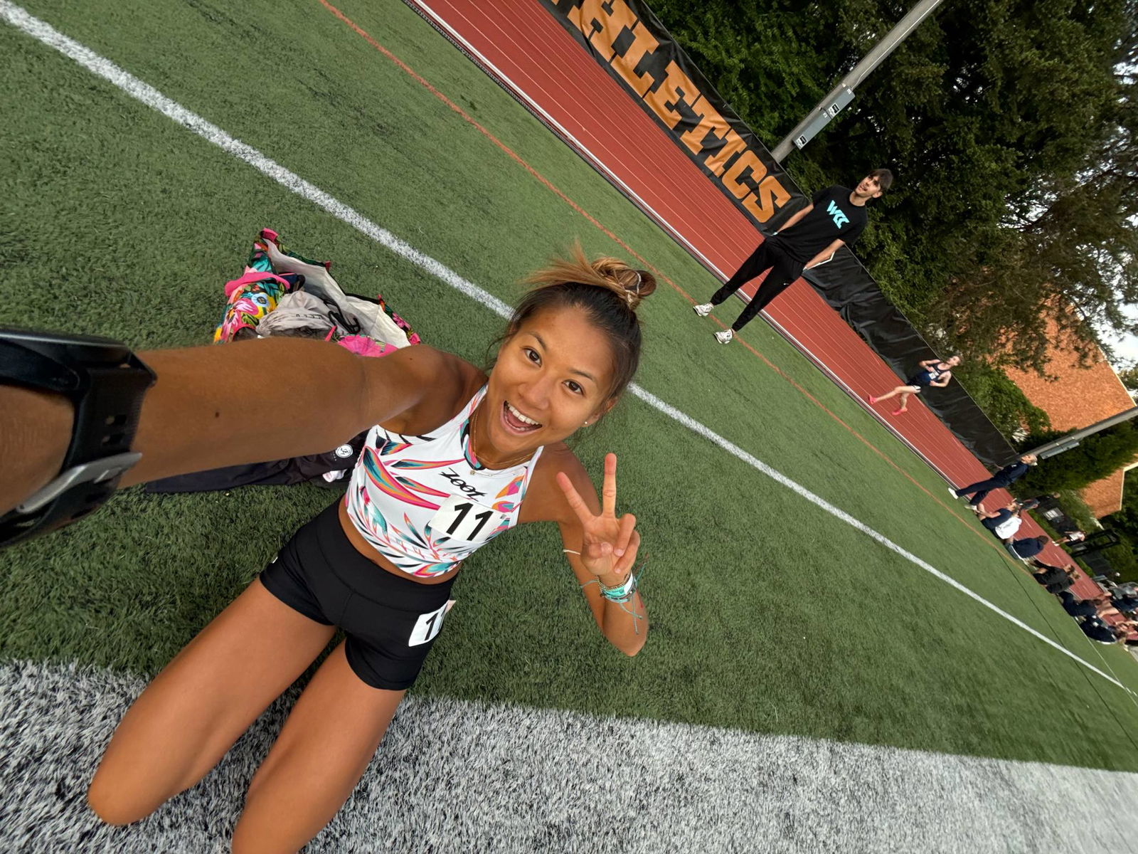 Tania Tan takes a selfie prior to the Portland Twilight race at Lewis & Clark College in Portland, Oregon on May 10, 2025. Contributed photo