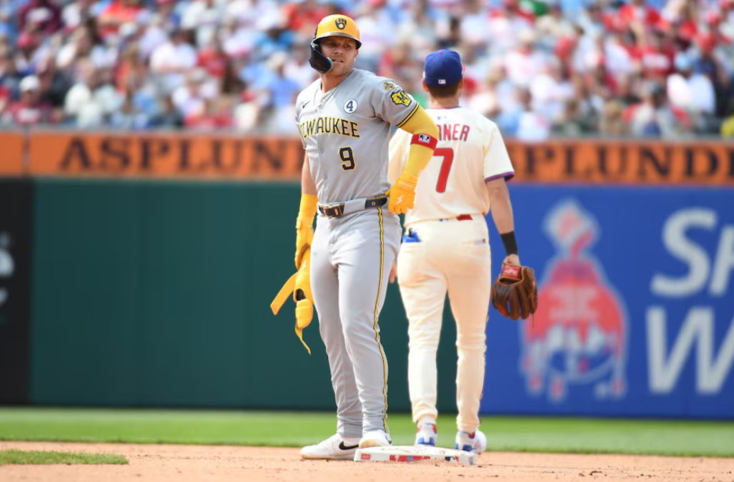 Milwaukee Brewers first base Jake Bauers (9) stands on second base after hitting a two-run RBI double during the seventh inning against the Philadelphia Phillies at Citizens Bank Park in Philadelphia, Pennsylvania, June 1, 2025.Photo by Eric Hartline/Imagn Images