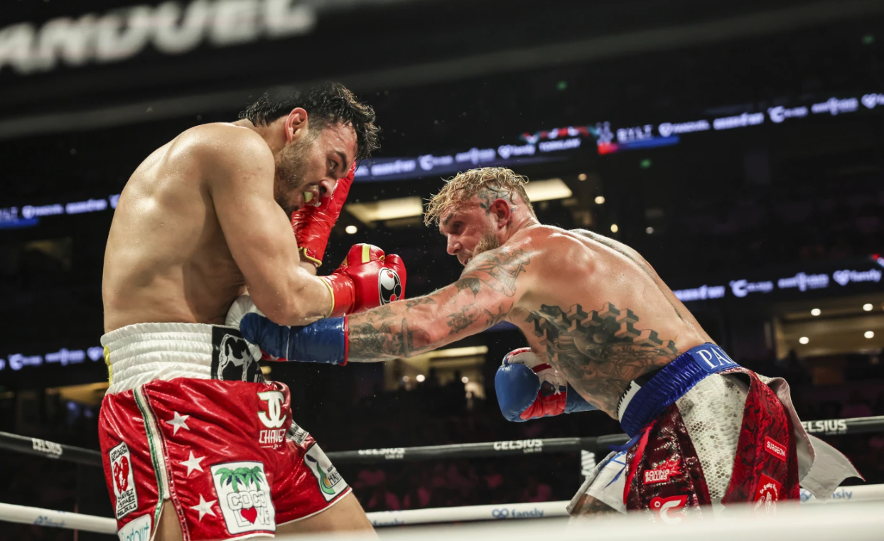 Jake Paul, right, punches Julio César Chávez Jr. during their cruiserweight boxing match on Saturday, June 28, 2025 in Anaheim, Calif.AP