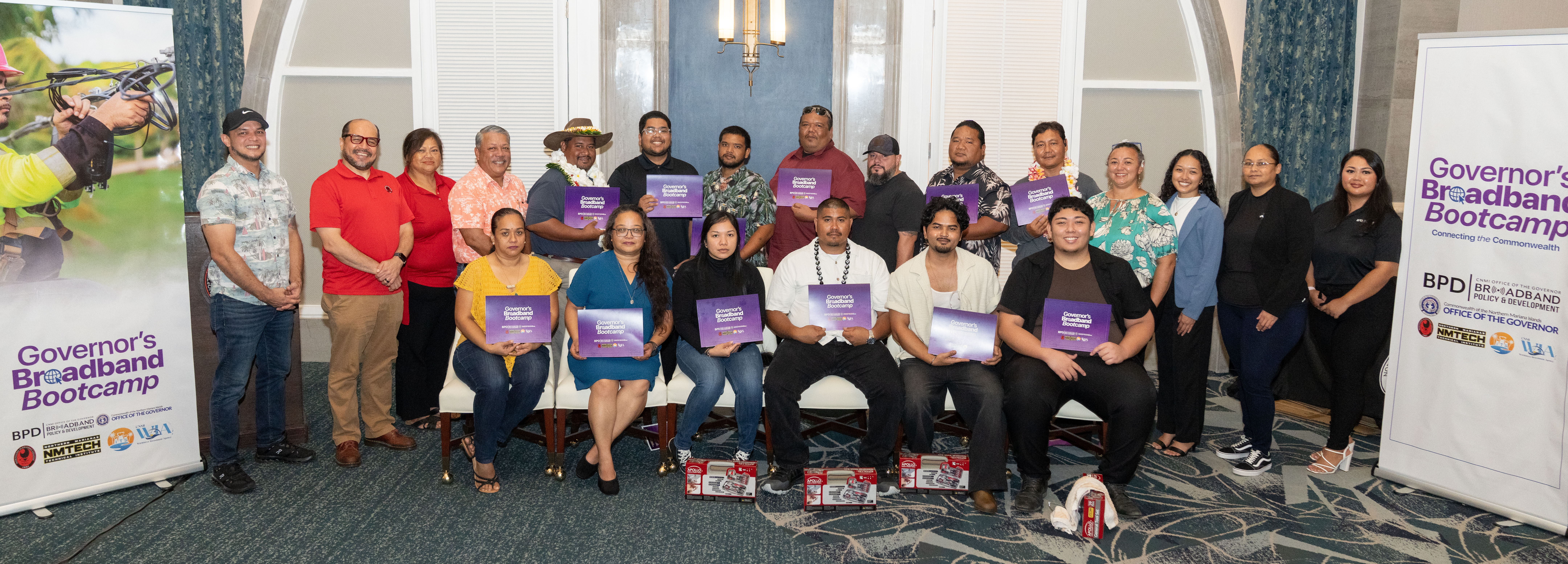 The Governor’s Broadband Bootcamp on Tinian certified 17 residents in fiber optic and broadband technologies on June 10, 2025. With the graduates are Northern Marianas College President Galvin Deleon Guerrero, Ed.D.; NMC Tinian Instructional Center Executive Director Maria Aguon; Tinian Mayor Edwin P. Aldan; NMTech CEO Jodina Attao; bootcamp instructor Christian Camacho; CNMI Department of Labor Secretary Leila Staffler; Island Training Solutions representative Reaven Jei Cruz; and CNMI Broadband Policy and Development Office Outreach Coordinator Krissa Deleon Guerrero.NMC photo