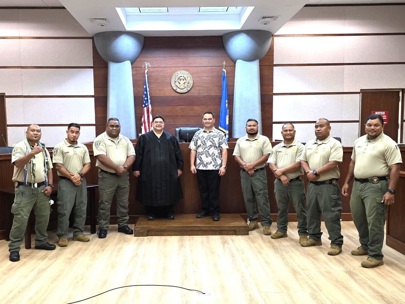 The newly sworn Division of Fish and Wildlife enforcement officers are Philip Moses Kalen, Ignacio Itibus Yiftheg, John Henry Tagabuel, Roland Rodney Igisomar, Marvin Peter Laniyo Tebit, Argenon Agulto Flores, and Jelani Sablan Tilipao. Also in photo are Superior Court Judge Joseph N. Camacho and Department of Lands and Natural Resources Secretary Sylvan Igisomar.Photo by Bryan Manabat