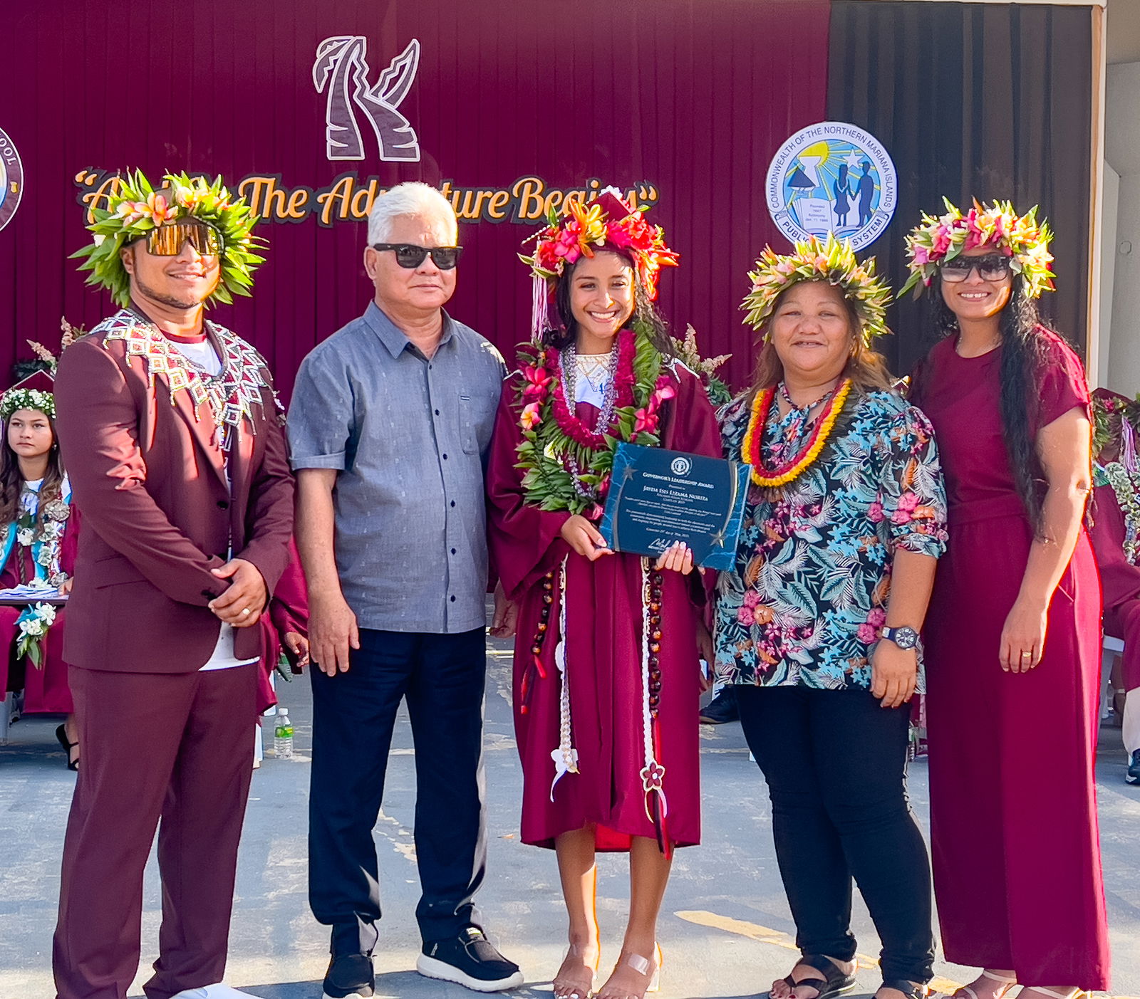With Kagman High School administrators, Gov. Arnold I. Palacios presented the Governor’s Leadership Award to class valedictorian Jayda Isis Lizama Norita.