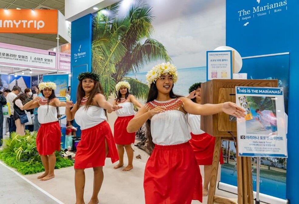 Indigenous Chamorro and Carolinian dances welcome visitors to the Marianas Visitors Authority booth at the 40th Seoul International Travel Fair held on June 5-8, at COEX in Seoul, South Korea. The fair attracted an estimated 45,000 attendees, with MVA sharing information about attractions and activities on Saipan, Rota, and Tinian.