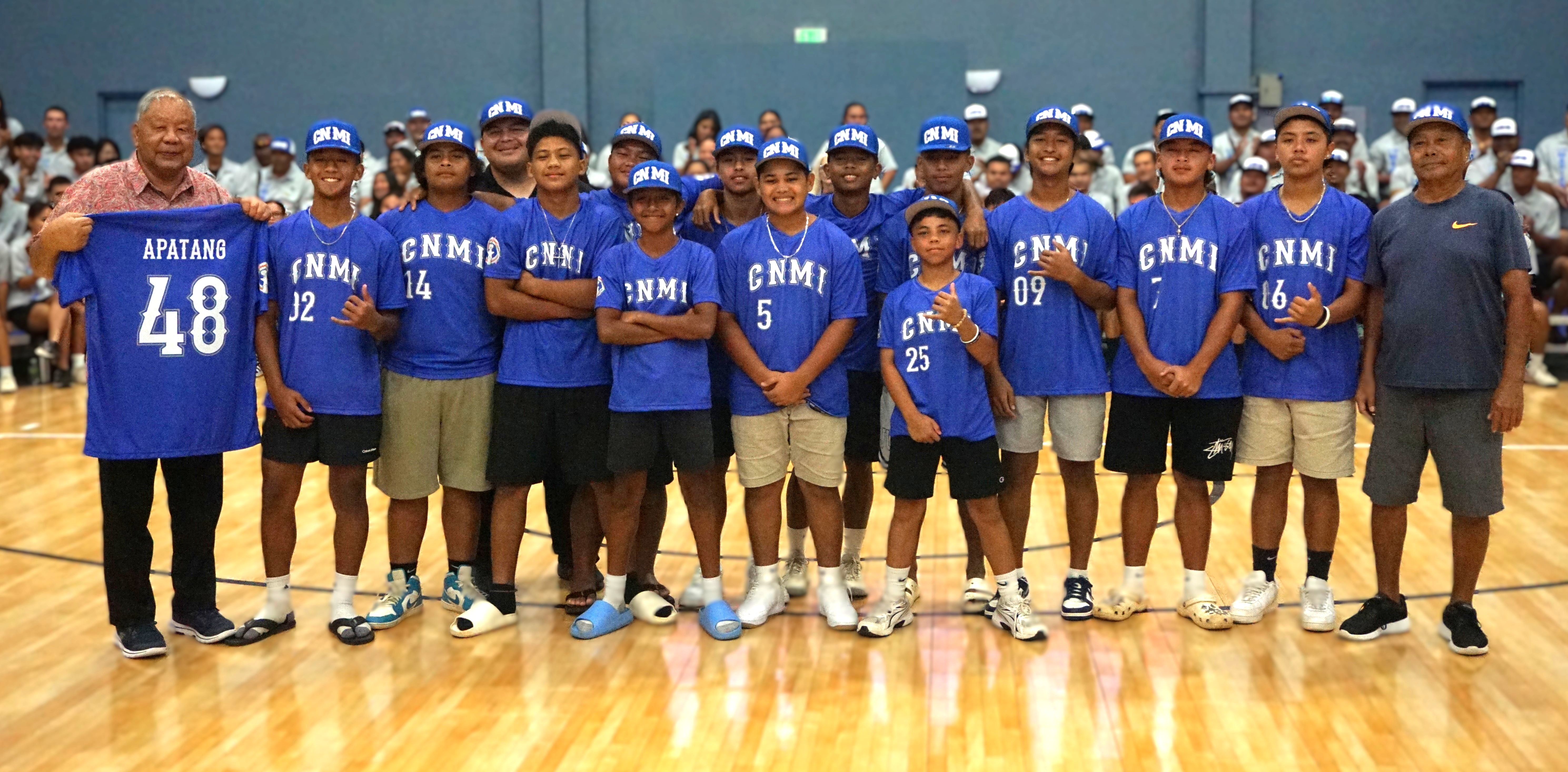 The CNMI Major All-Stars pose for a photo with Lt. Gov. David M. Apatang during the Northern Marianas Sports Association's Team Marianas send-off ceremony at the Ada gym on Monday.Photo by James F. Sablan Jr.