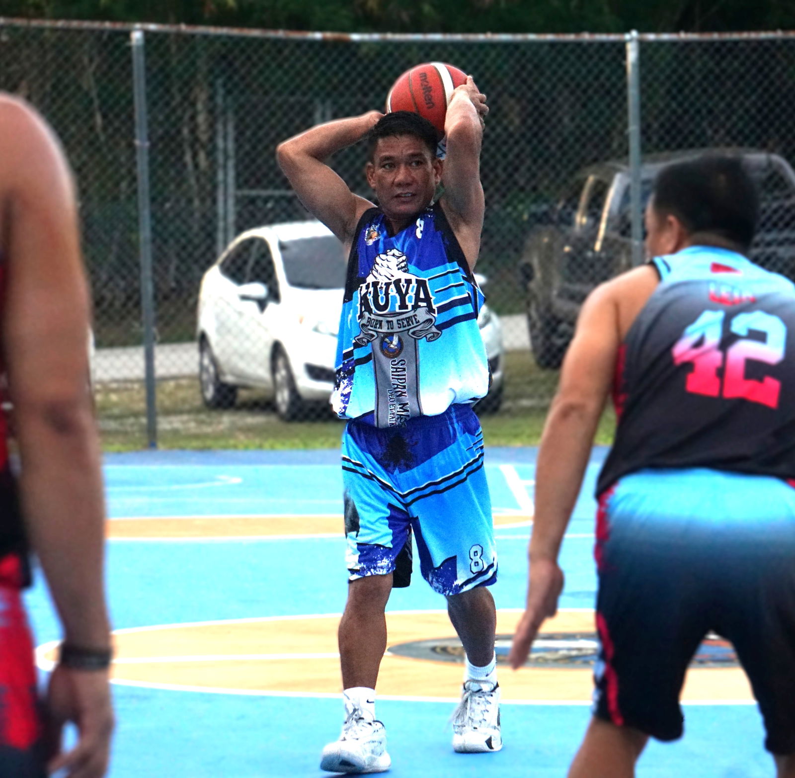 Eagles Kuya's Risty Vergara protects the ball as he sets up the play during a game against Lakay in the E-Sports CNMI Invitational Basketball League 2025 at the Gualo Rai basketball court.Photo by James F. Sablan Jr.