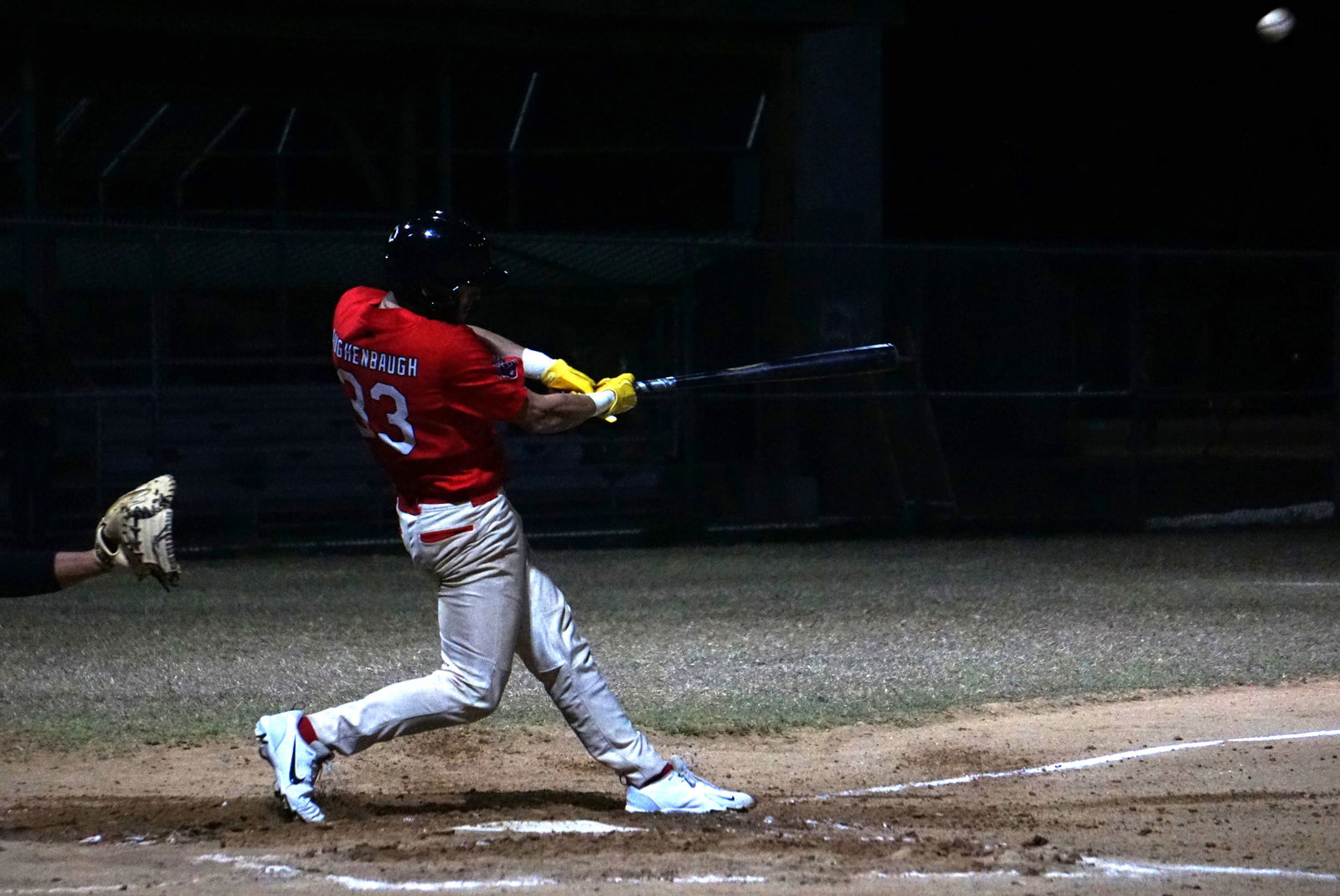 The Cardinals' Eli Aughenbaugh hits a single during a 2025 Saipan Baseball League game at the Francisco "Tan Ko" Palacios Baseball Field.Photo by James F. Sablan Jr.
