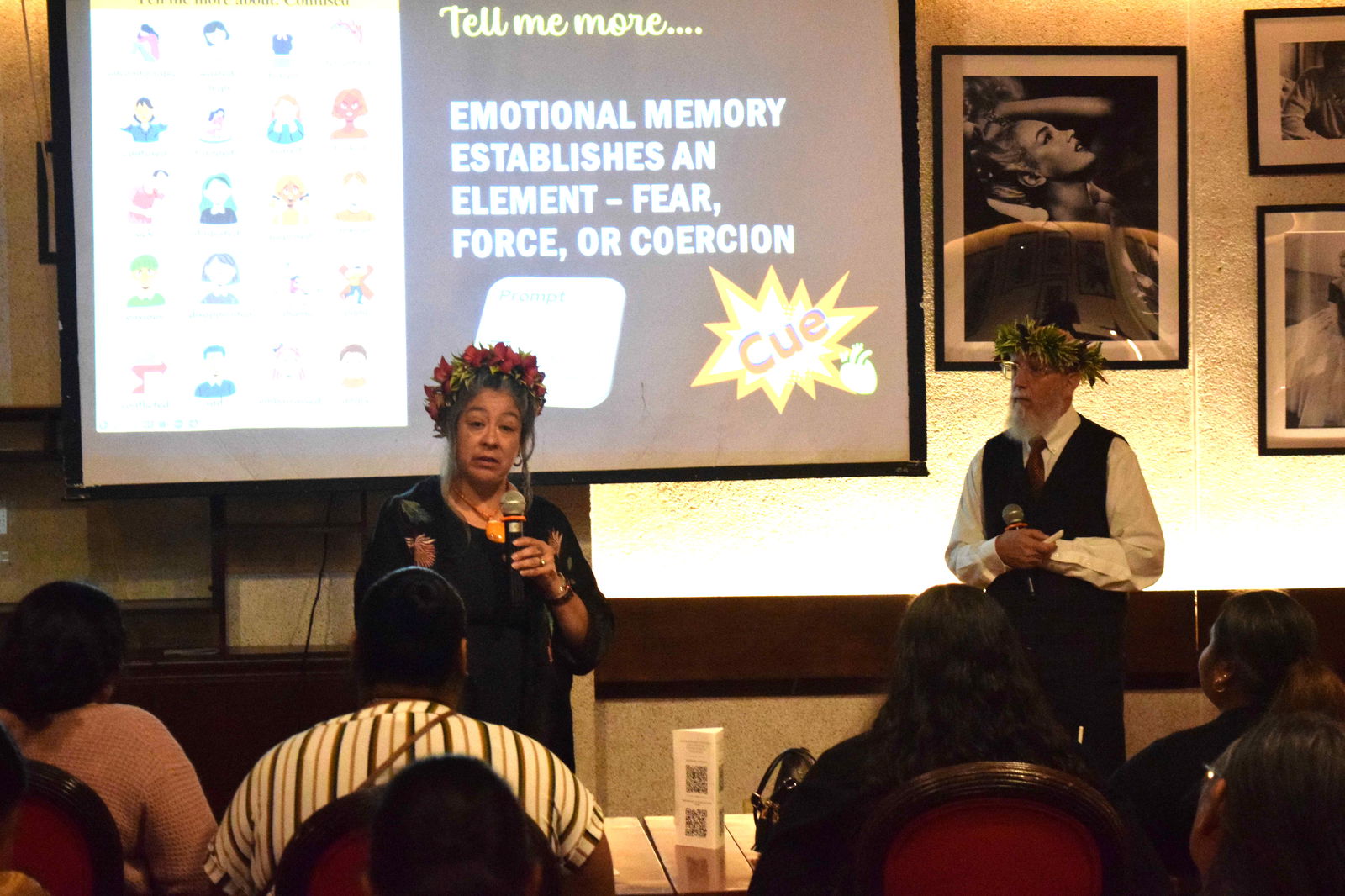 Strand Squared Solutions’ Myra Strand speaks during the inaugural Addressing Adverse Childhood Experiences training at Aqua Resort Club’s Kevin Restaurant on Friday. At right is Russell Strand, co-owner of Strand Squared Solutions.