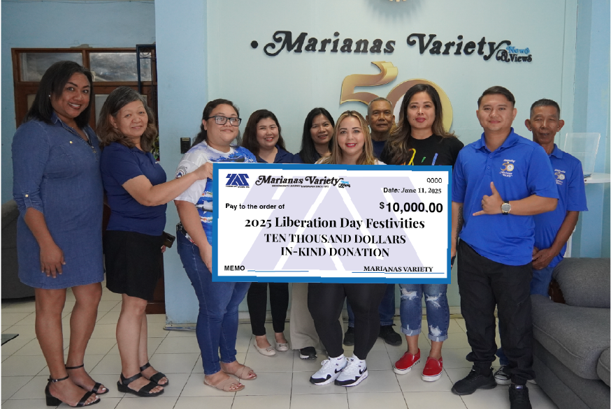 Marianas Variety staff members present a ceremonial check for $10,000 as an in-kind donation to the Liberation Day Committee, represented by Board Member Michi Viches, Sponsorship Chair Jeanette Sarabia, Finance Chair Vicenta Magofna, Parade Chair Priscilla Iakopo, and Vice Chair Bridget Maratita-Deleon Guerrero.Contributed photo