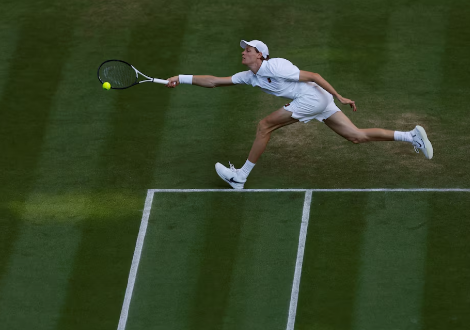 Italy's Jannik Sinner in action during his round of 16 Wimbledon match against Bulgaria's Grigor Dimitrov at the All England Lawn Tennis and Croquet Club in London, Britain on July 7, 2025.REUTERS