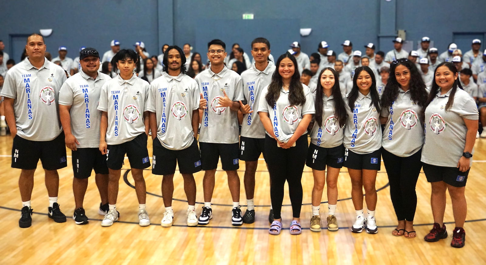 The NMI Men's and Women's 3x3 Basketball Team members pose for a group photo during the Northern Marianas Sports Association's Team Marianas send-off ceremony at the Ada gym last week.