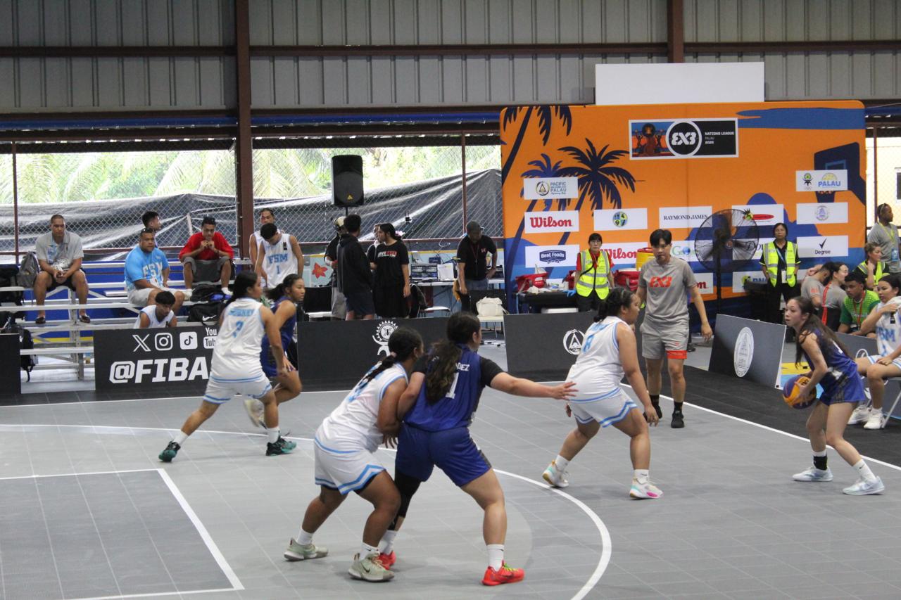 NMI’s Kaia Travilla sets up her teammates during their debut game against the Federated States of Micronesia in 3x3 basketball at the 2025 Pacific Mini Games in Koror, Palau, on Tuesday.Contributed photo
