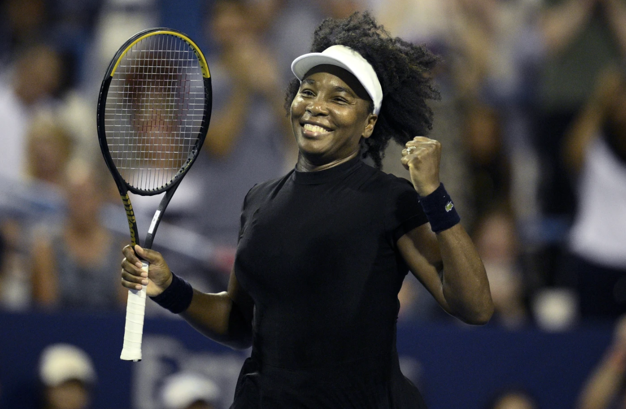Venus Williams celebrates her win over Peyton Stearns during a match at the Citi Open tennis tournament, Tuesday, July 22, 2025 in Washington.AP