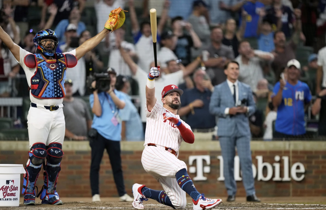Philadelphia Phillies Kyle Schwarber wins the tiebreaker at the MLB All-Star game between the American League and National League, Tuesday, July 15, 2025 in Atlanta.AP