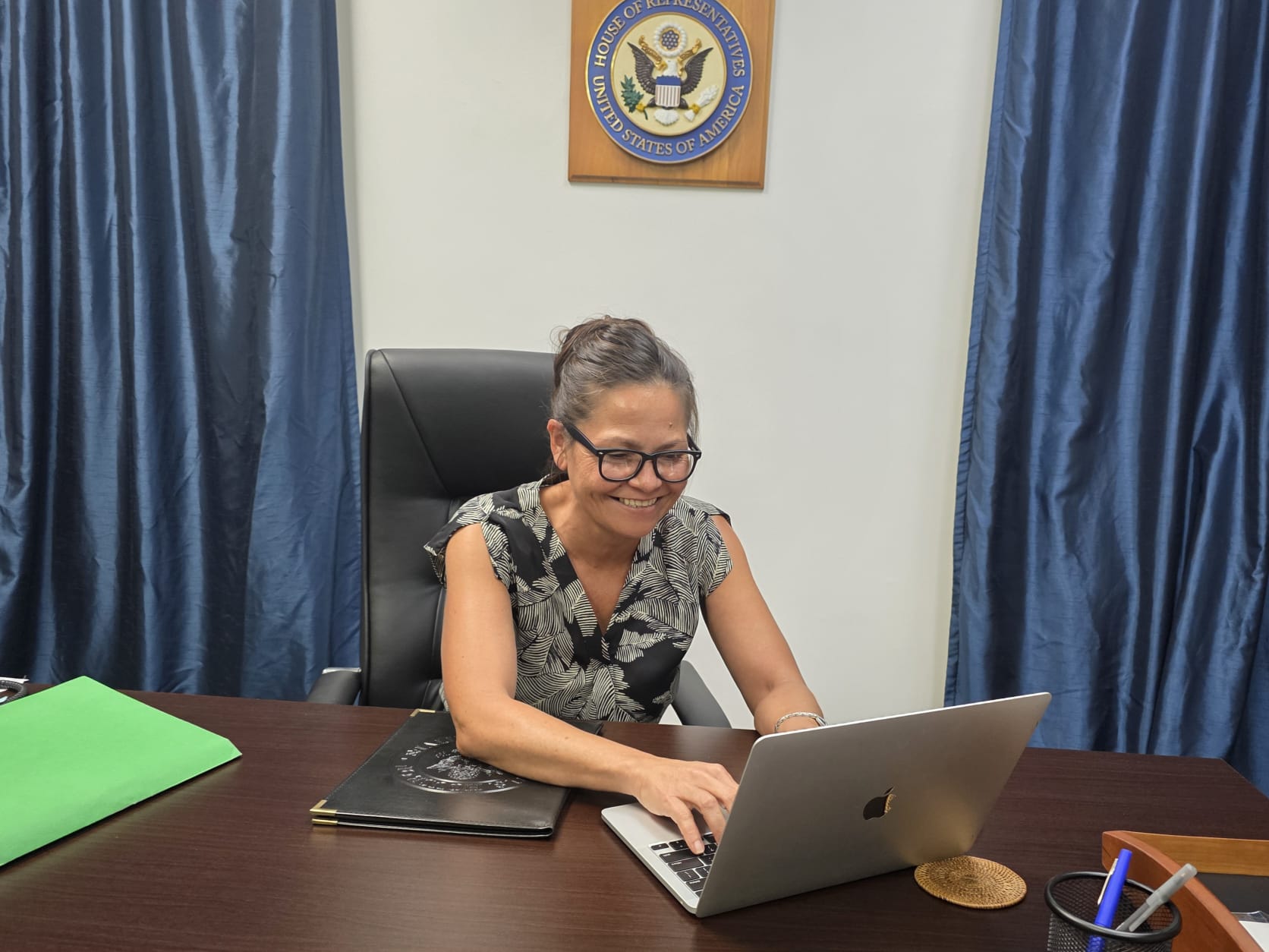 U.S. Congresswoman Kimberlyn King-Hinds smiles during a meeting with reporters at her office in  Susupe.Photo by Bryan Manabat