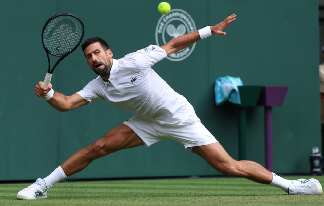 Novak Djokovic in action during his third-round Wimbledon match against fellow Serbian Miomir Kecmanovic at the All England Lawn Tennis and Croquet Club in London, Britain on July 5, 2025.REUTERS