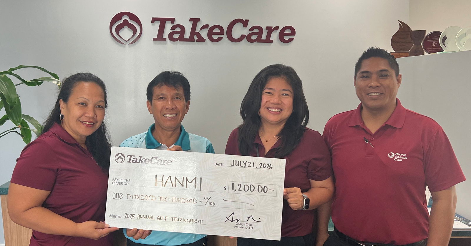 TakeCare Administrative Assistant Leilani Pangelinan, second right, presents a check for $1,200 on July 21, 2025, at the TakeCare office in Susupe, Saipan, to the organizing committee of the 23rd Annual HANMI Charity Classic Golf Tournament.  The tournament will be held on July 26, 2025, at LaoLao Bay Golf Resort.  From left, TakeCare authorization coordinator/CS representative Melanie Santos, tournament committee chairman William Retardo, Pangelinan, and tournament committee member Archie Ajoste.HANMI photo