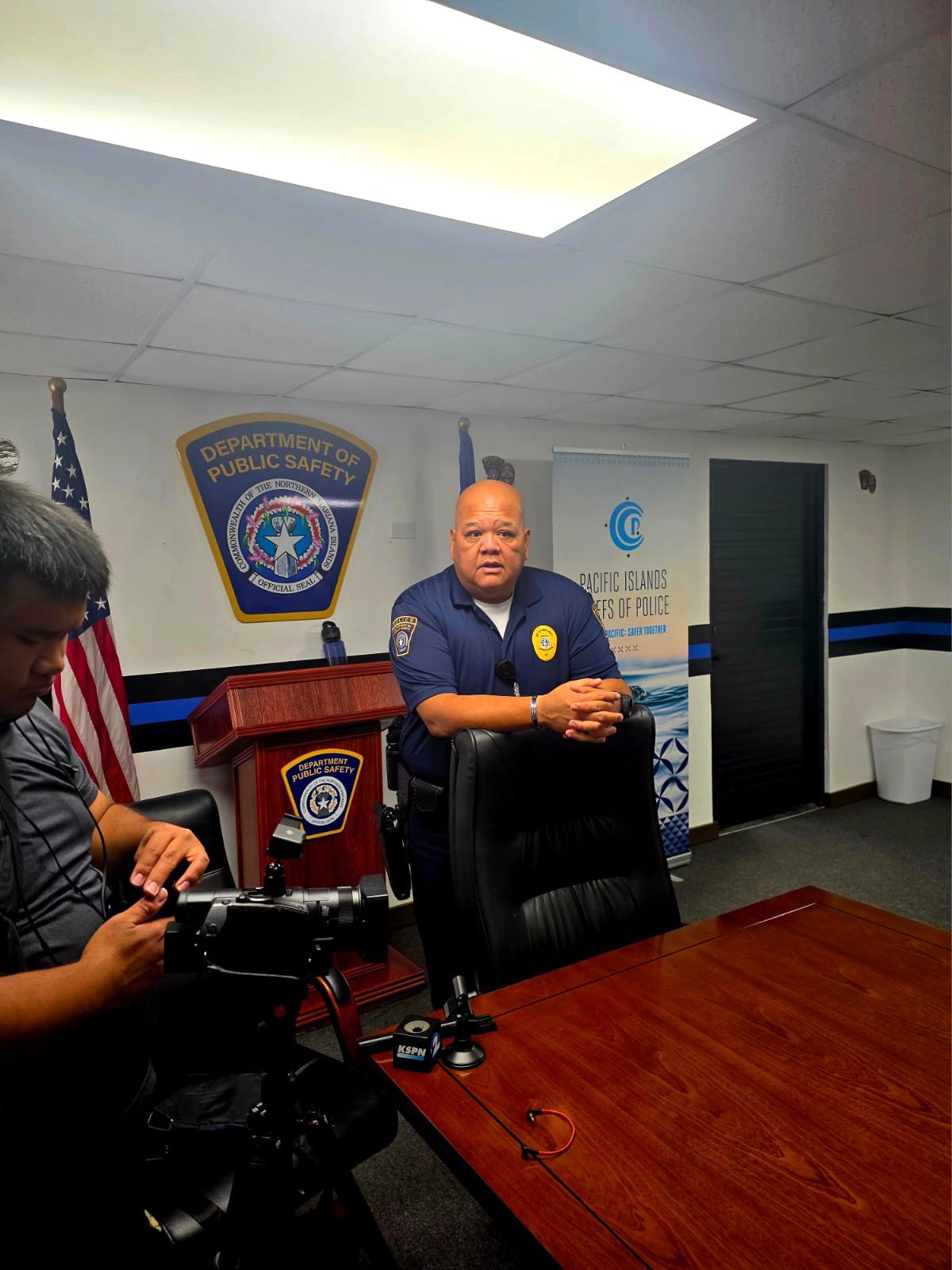 Department of Public Safety Commissioner Anthony Macaranas speaks to reporters after a press conference Tuesday morning.Photo by Bryan Manabat