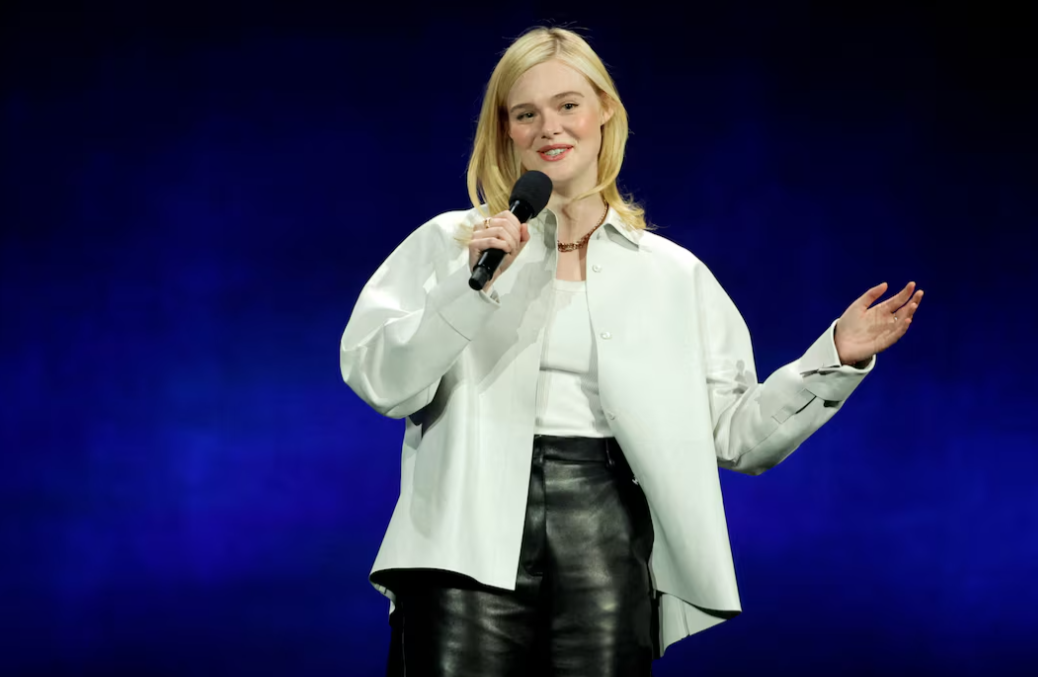 Elle Fanning promote the upcoming movie “Predator Badlands” during a Walt Disney Studios presentation at CinemaCon, the official convention of Cinema United, in Las Vegas, Nevada, April 3, 2025.REUTERS