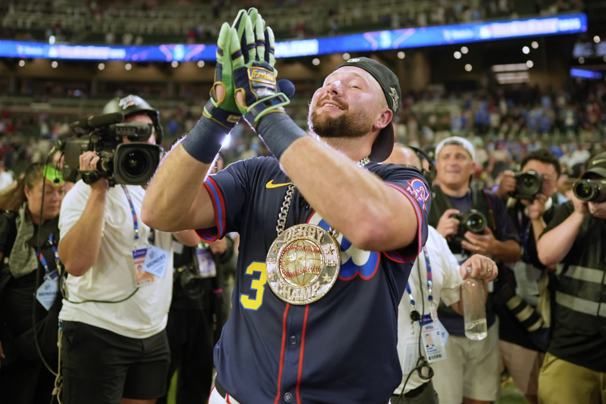 Seattle Mariners’ Cal Raleigh celebrates after winning the MLB baseball All-Star Home Run Derby, Monday, July 14, 2025, in Atlanta.AP