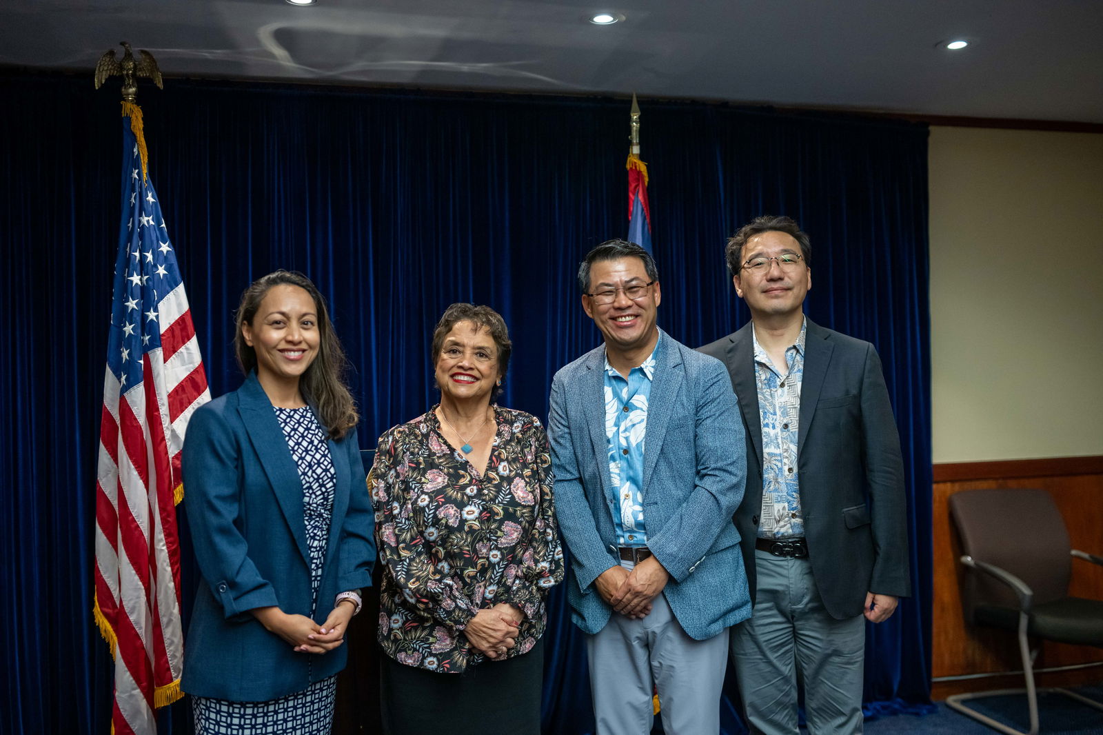 From left, Régine Biscoe Lee president & CEO, Guam Visitors Bureau; Guam Gov. Lou Leon Guerrero; Jong Seob Koh, managing vice president, KE regional headquarters; and Hyeong Seong Lim, group leader, KE sales support team at the Guam Office of the Governor.