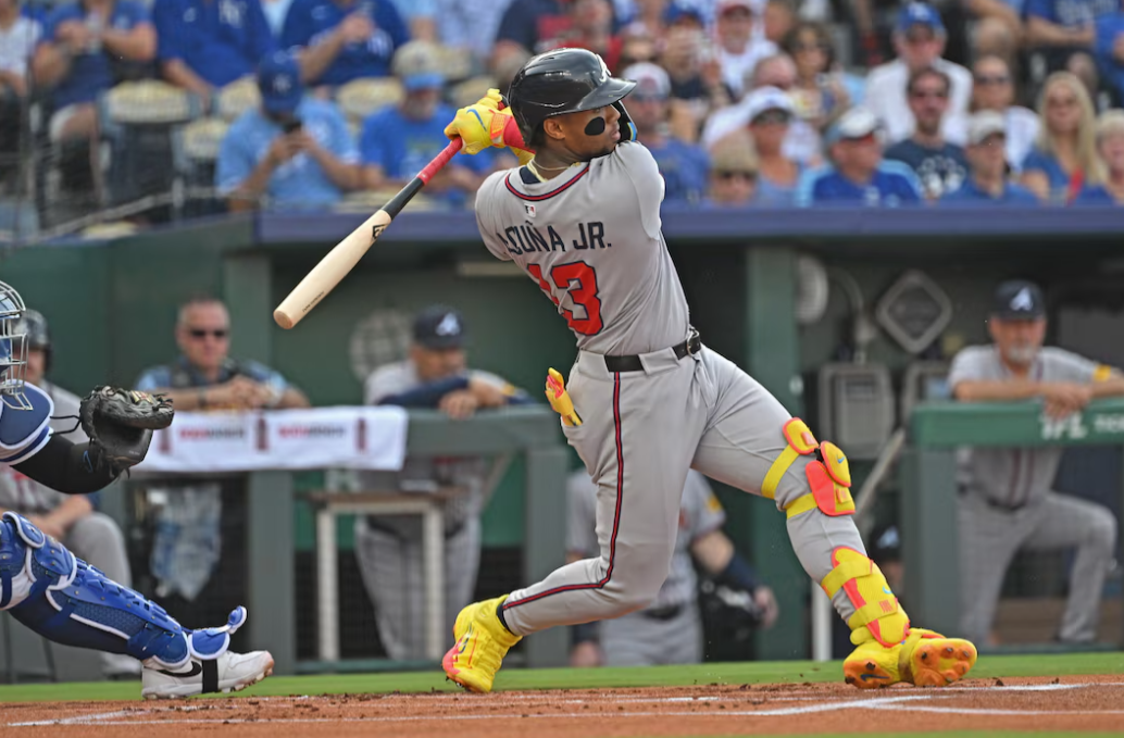 Atlanta Braves right fielder Ronald Acuna Jr. (13) singles in the first inning against the Kansas City Royals at Kauffman Stadium. Mandatory in Kansas City, Missouri, July 28, 2025.Photo by Peter Aiken/Imagn Images