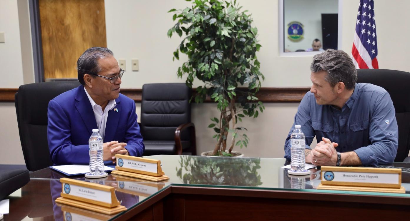 FSM President Wesley Simina and U.S. Defense Secretary Pete Hegseth discussed the Pentagon's plan to invest $2 billion in the Pacific nation in March 2025.File photo courtesy of the Office of the FSM President/Pacific Island Times