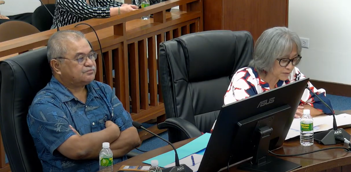 Department of Community and Cultural Affairs Secretary Frank Rabauliman, left, and Nutrition Assistance Program Administrator Margaret Aldan appear before the House Ways and Means Committee on Thursday.YouTube screenshot