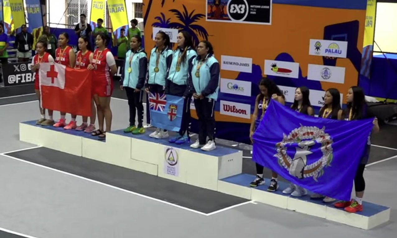 The NMI Women's 3x3 Team members, right, pose with their bronze medals during the awards ceremony at the 2025 Pacific Mini Games in Koror, Palau on Wednesday.Contributed photo