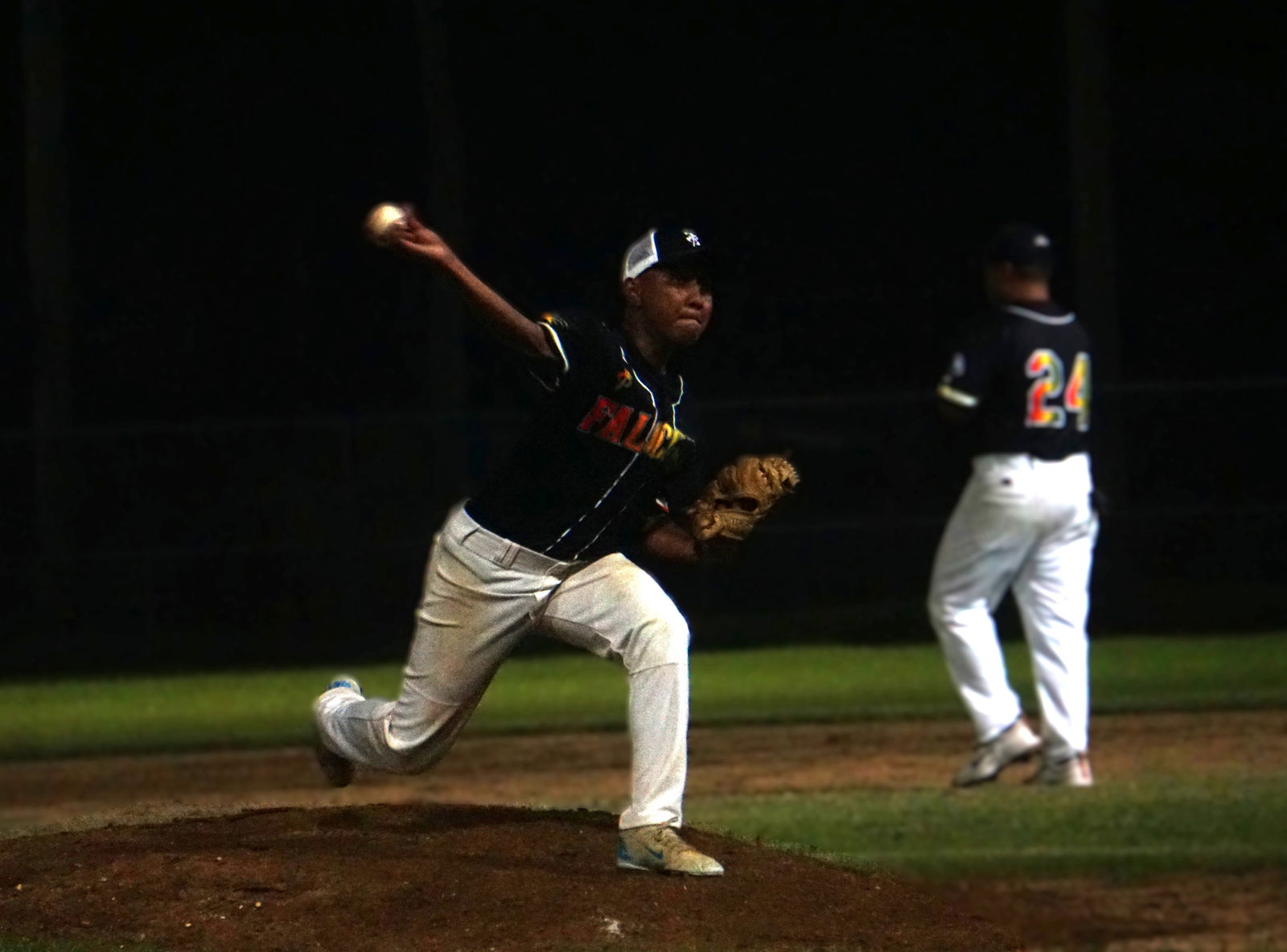 The Falcons pitcher IJ Teigita pitches against Blue Shark during a game in the 2025 Saipan Baseball League on Tuesday night.Photo by James F. Sablan Jr.