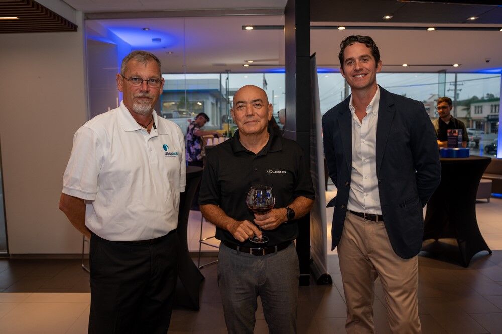 A team driven by excellence. Lexus Guam leadership — Eric Green (aftersales director), Tom Mazzei (sales director), and Clark Boswell (vice president & GM) — came together in style at our Leather & Luxury event to celebrate the Lexus lifestyle and our valued customers.