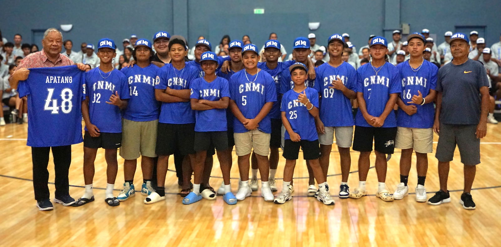 The CNMI Majors All-Stars pose for a photo with Lt. Gov. David M. Apatang during the Northern Marianas Sports Association’s send-off ceremony for Team Marianas at the Ada gym last week.Photo by James F. Sablan Jr.
