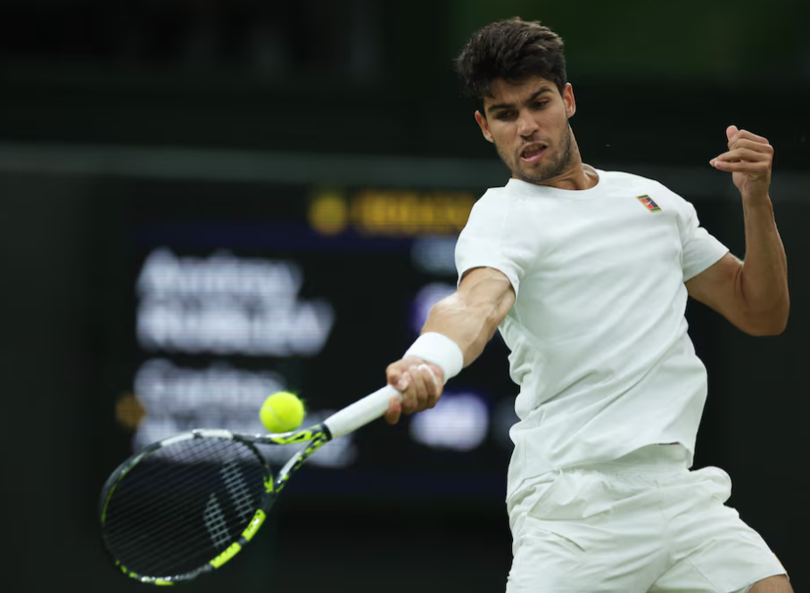 Spain's Carlos Alcaraz in action during his round of 16 Wimbledon match against Russia's Andrey Rublev at the All England Lawn Tennis and Croquet Club, in London, Britain on July 6, 2025.REUTERS