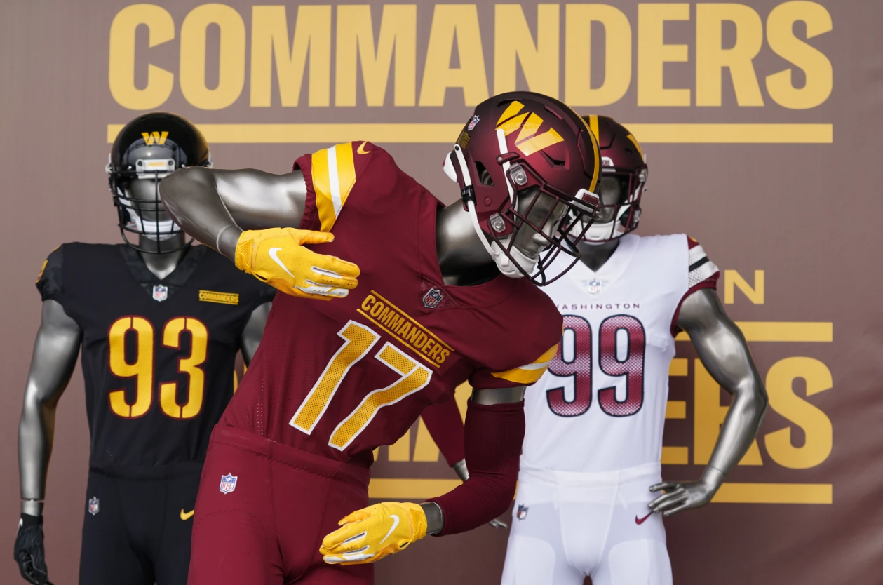 Washington Commanders jerseys are displayed at an event to unveil the NFL football team's new identity, Feb. 2, 2022, in Landover, Md.AP