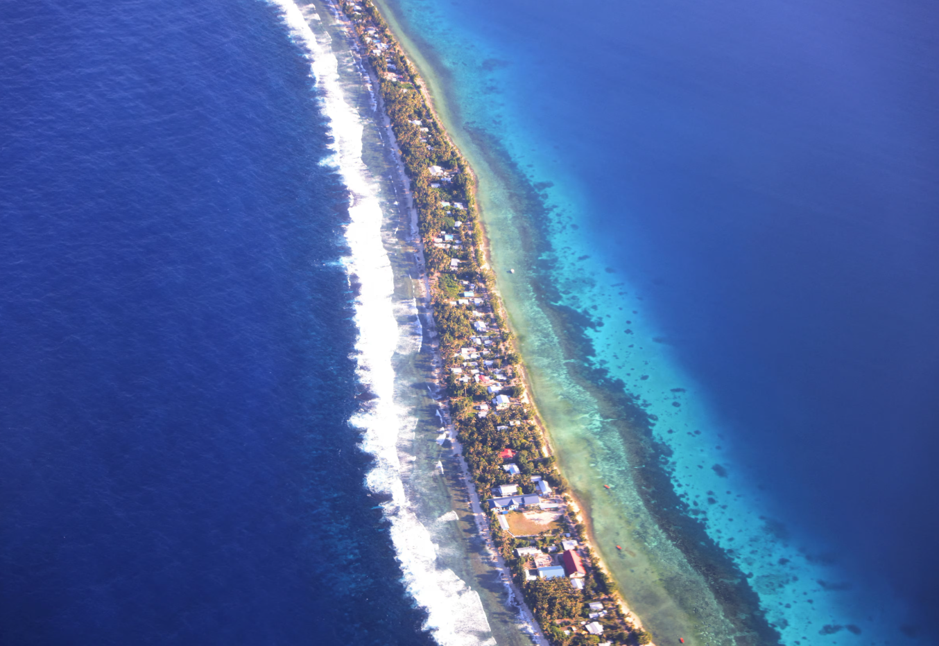 Aerial view of Funafuti, Tuvalu’s most populous island, Sept. 6, 2024. Picture taken through plane window.REUTERS