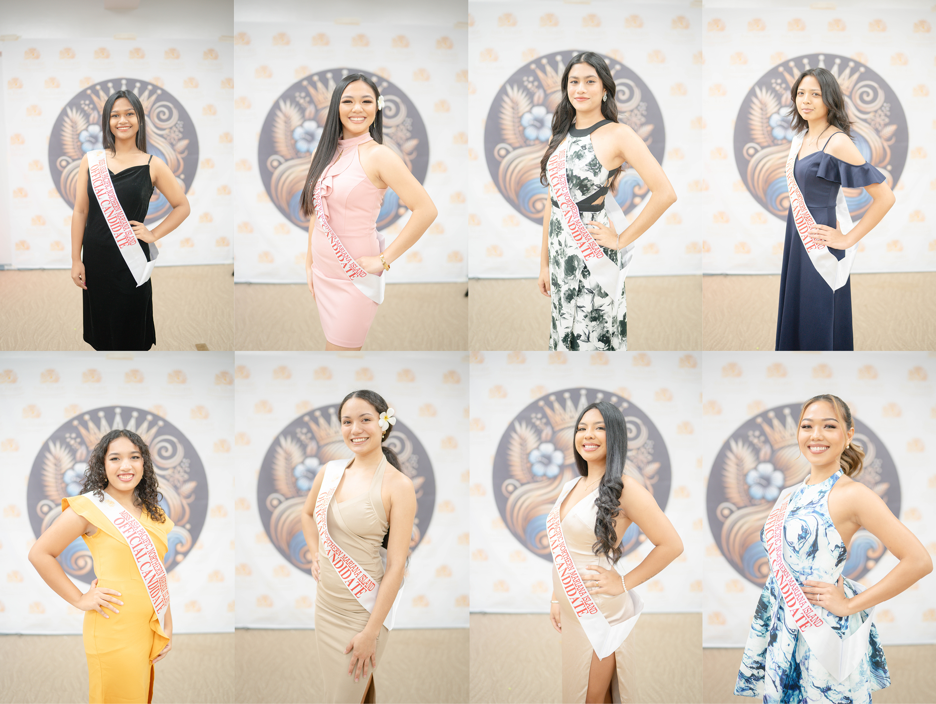 Miss Northern Marianas Asia Pacific candidates, clockwise from top left: Maria Analine Santiano Barcelo, Bernice Shane Sabino, Tanisha Joshi, Dharlee Bielle Santos Marquez, Anne Lordelle G. Rivera-Brownstein, Donna Rose Santiago, Justine Rain Kirby and Tiffany Rose Libreja. A sash-pinning ceremony was held on June 28 at the Ada gym. More details about the pageant will be announced soon. 