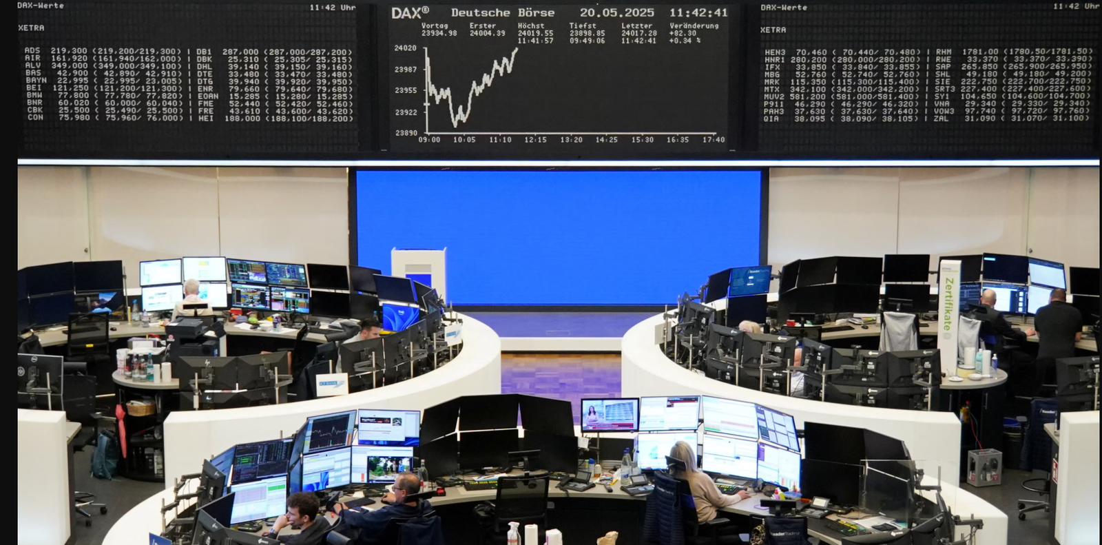 The German share price index DAX graph is pictured at the stock exchange in Frankfurt, Germany, May 20, 2025.REUTERS